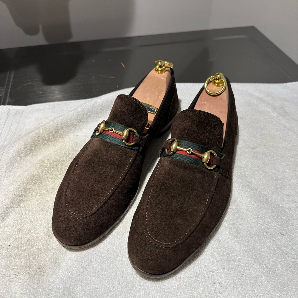 Gucci Dark Brown Suede Jordaan Horsebit Loafer Size 9